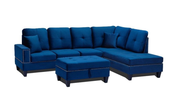 DF-2208 Blue Sofa Sectional with Chaise & Ottoman