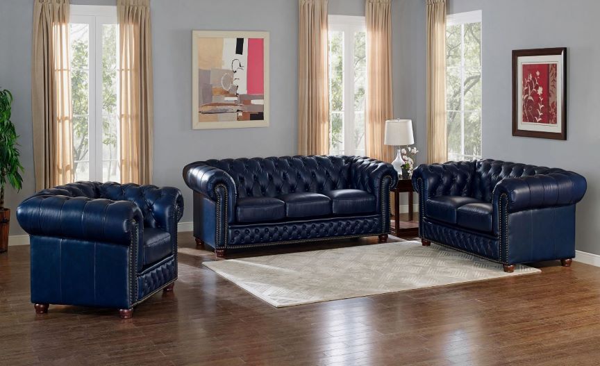 M 9918 Navy Blue Leather Sofa Set, Navy Leather Sofa Living Room