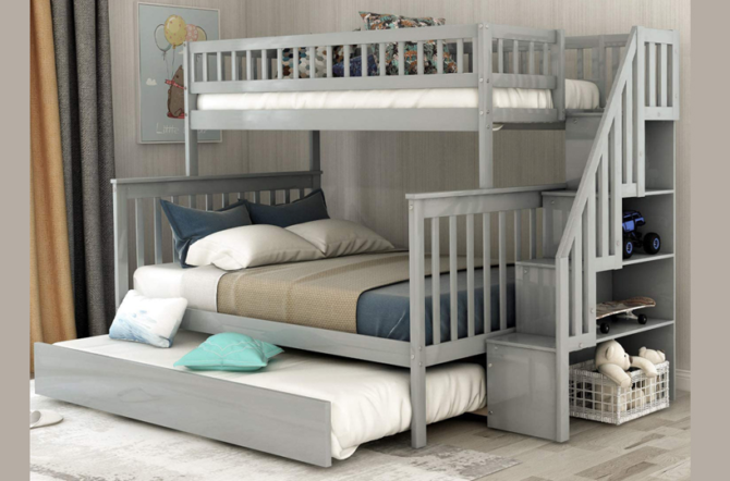 Twin over Double Bunk Bed with trundle in Grey