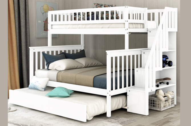 Twin over Double Bunk Bed with trundle in White